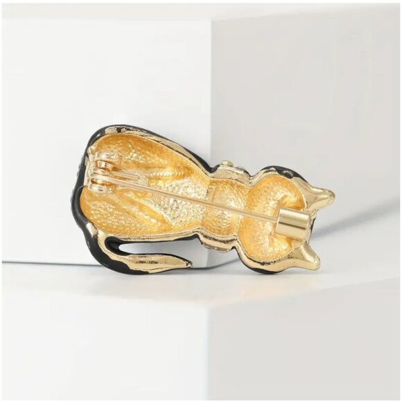 Black Cat Enamel Brooch Pin With Rhinestone Collar & Green Eyes - Picture 2 of 3